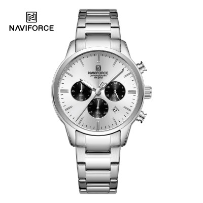 NAVIFORCE NF8076 Stainless Steel Fashion Casual Business Chronograph Luminous Date Display Quartz Watch For Men - White Silver